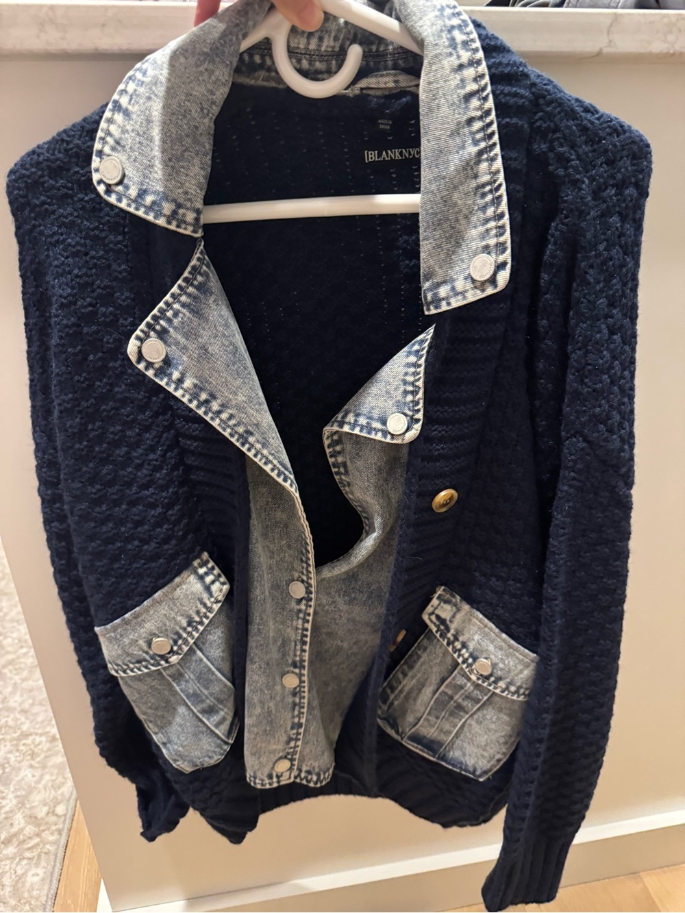 Blank NYC Navy Knit Cardigan with Light Denim Trim